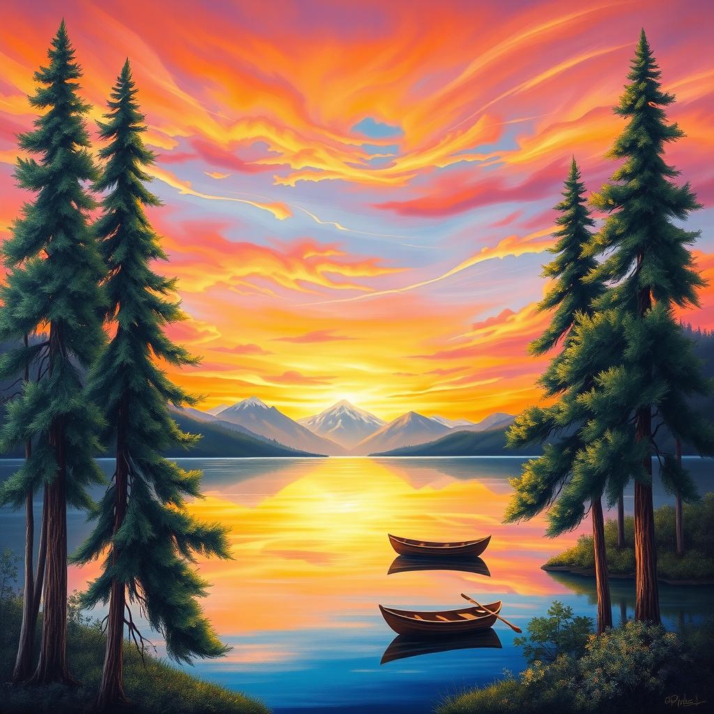 A serene landscape painting of a vibrant sunset over a tranquil lake, with mountains in the background reflecting in the water