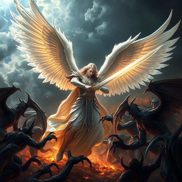 A powerful and imposing angel engaged in an epic battle against fierce demons, showcasing a grand and dramatic atmosphere