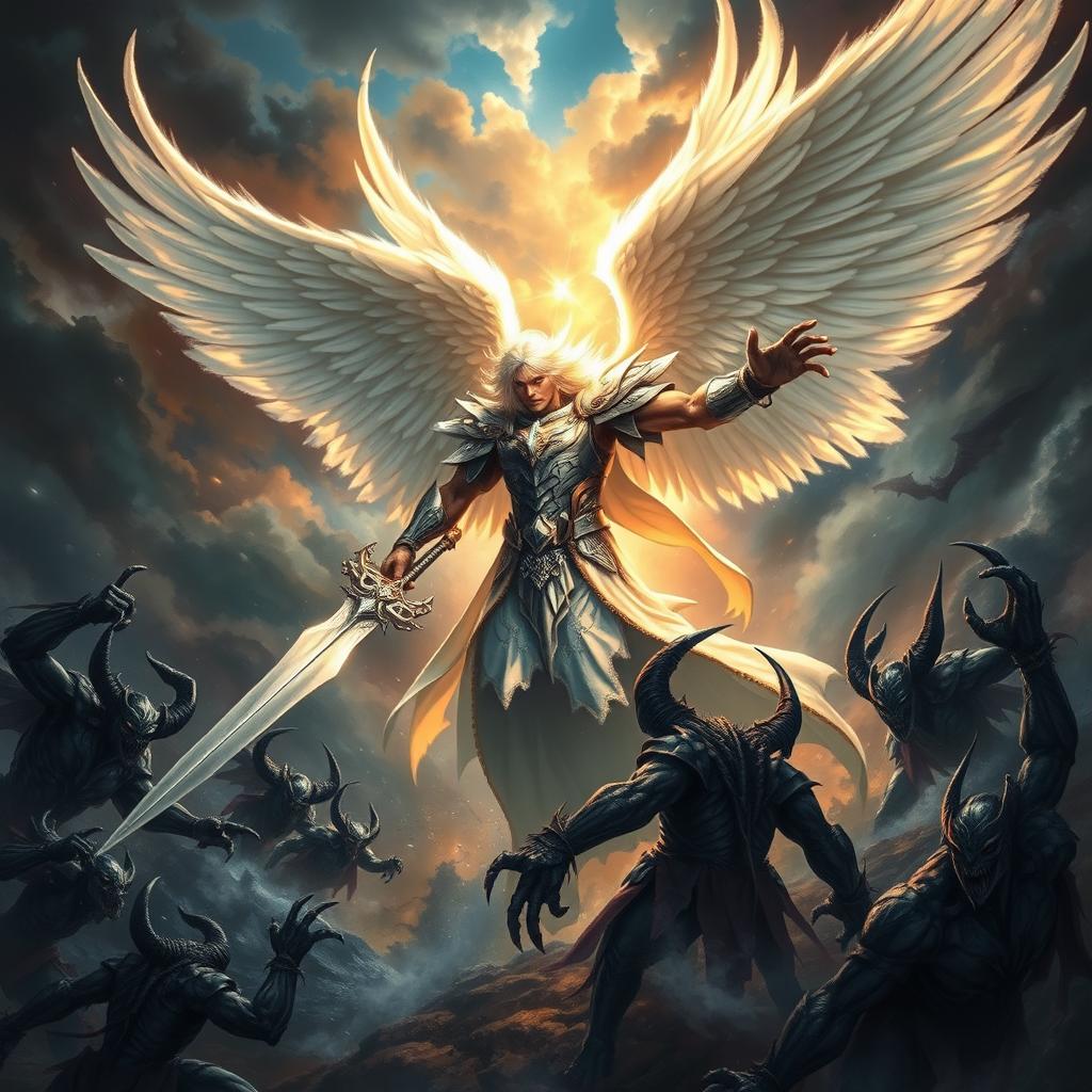 A powerful and imposing angel engaged in an epic battle against fierce demons, showcasing a grand and dramatic atmosphere