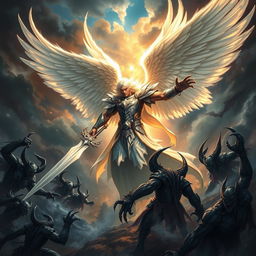 A powerful and imposing angel engaged in an epic battle against fierce demons, showcasing a grand and dramatic atmosphere