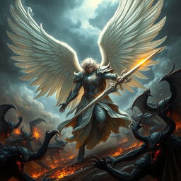 A powerful and imposing angel engaged in an epic battle against fierce demons, showcasing a grand and dramatic atmosphere