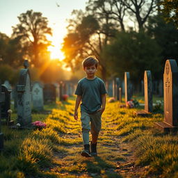 A solemn scene featuring a young boy walking through a tranquil cemetery filled with old tombstones, lush green grass, and blooming flowers