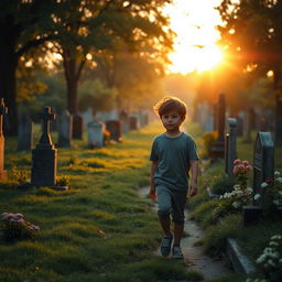 A solemn scene featuring a young boy walking through a tranquil cemetery filled with old tombstones, lush green grass, and blooming flowers