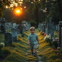 A solemn scene featuring a young boy walking through a tranquil cemetery filled with old tombstones, lush green grass, and blooming flowers