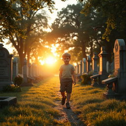 A solemn scene featuring a young boy walking through a tranquil cemetery filled with old tombstones, lush green grass, and blooming flowers