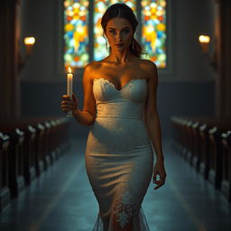 A beautiful young bride walking towards the viewer in a dimly lit church, holding a candle that casts a soft, warm glow