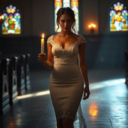 A beautiful young bride walking towards the viewer in a dimly lit church, holding a candle that casts a soft, warm glow
