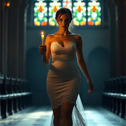 A beautiful young bride walking towards the viewer in a dimly lit church, holding a candle that casts a soft, warm glow
