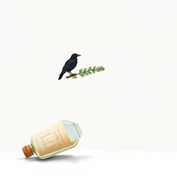 A tilted bottle containing a rolled paper at the bottom edge of the page, half-opened and resting precariously, as if on the edge