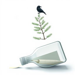 A tilted bottle containing a rolled paper at the bottom edge of the page, half-opened and resting precariously, as if on the edge