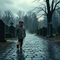 A young boy in a raincoat and boots walking slowly through a cemetery on a dark and rainy day