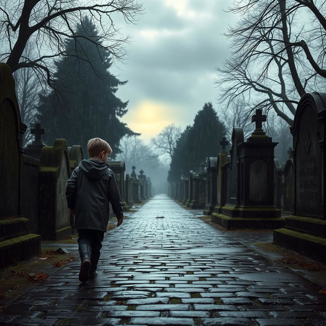 A young boy in a raincoat and boots walking slowly through a cemetery on a dark and rainy day