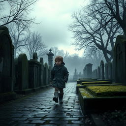 A young boy in a raincoat and boots walking slowly through a cemetery on a dark and rainy day