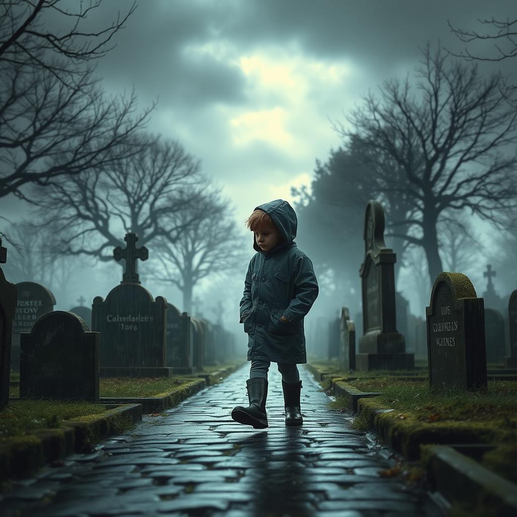 A young boy in a raincoat and boots walking slowly through a cemetery on a dark and rainy day