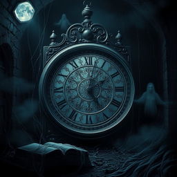 An eerie and dark book cover scene depicting a large, ancient clock with intricate engravings, its hands frozen at midnight