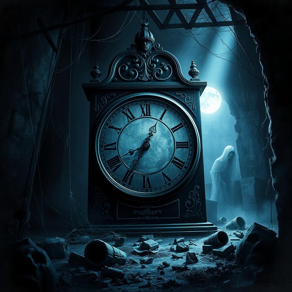 An eerie and dark book cover scene depicting a large, ancient clock with intricate engravings, its hands frozen at midnight