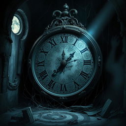 An eerie and dark book cover scene depicting a large, ancient clock with intricate engravings, its hands frozen at midnight