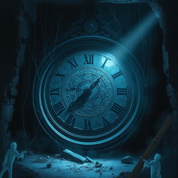 An eerie and dark book cover scene depicting a large, ancient clock with intricate engravings, its hands frozen at midnight