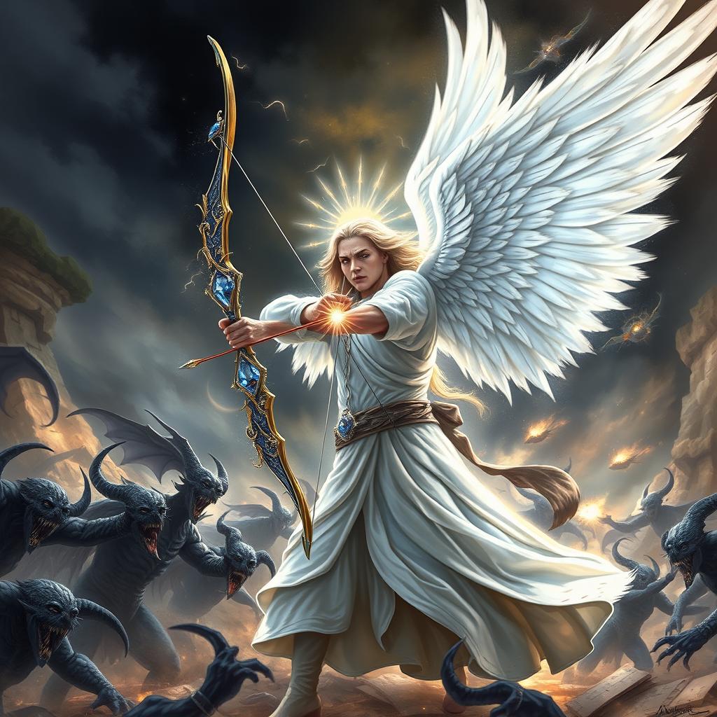 A stunning book cover featuring a powerful and imposing angel engaged in an epic battle against vampire-like demons