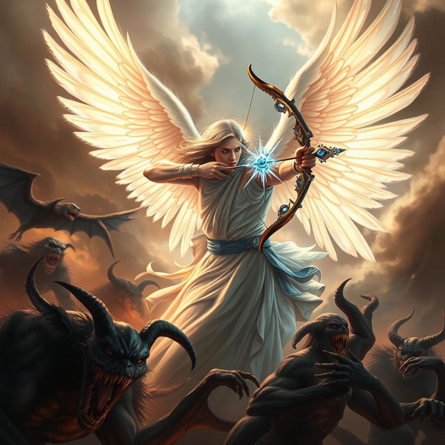 A stunning book cover featuring a powerful and imposing angel engaged in an epic battle against vampire-like demons