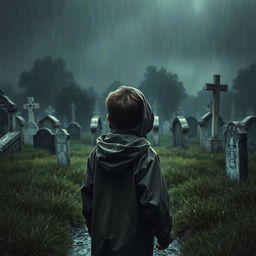 A melancholic scene depicting a young boy walking towards a cemetery on a dark and rainy day