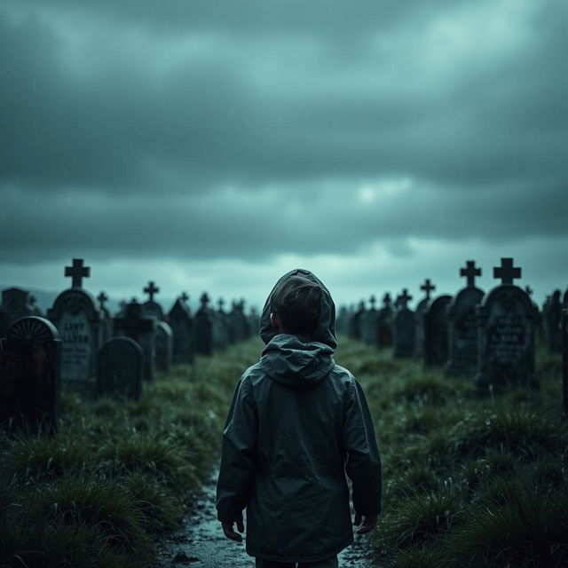 A melancholic scene depicting a young boy walking towards a cemetery on a dark and rainy day