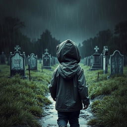A melancholic scene depicting a young boy walking towards a cemetery on a dark and rainy day