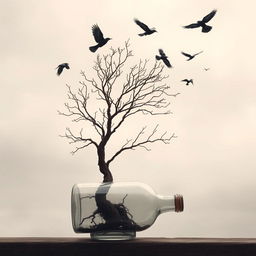 A dried tree elegantly placed inside a glass bottle, capturing the essence of desolation and beauty