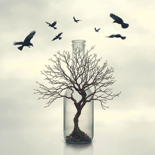 A dried tree elegantly placed inside a glass bottle, capturing the essence of desolation and beauty