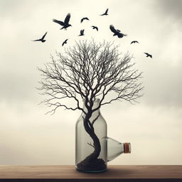 A dried tree elegantly placed inside a glass bottle, capturing the essence of desolation and beauty