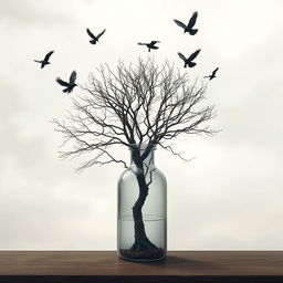 A dried tree elegantly placed inside a glass bottle, capturing the essence of desolation and beauty