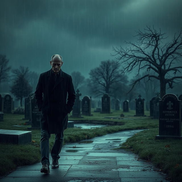 A somber scene depicting a sad man slowly walking towards a cemetery under dark, gloomy skies