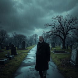 A somber scene depicting a sad man slowly walking towards a cemetery under dark, gloomy skies