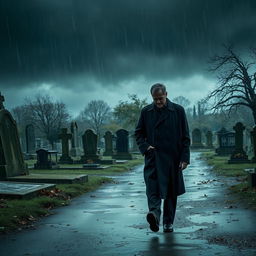 A somber scene depicting a sad man slowly walking towards a cemetery under dark, gloomy skies