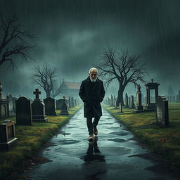 A somber scene depicting a sad man slowly walking towards a cemetery under dark, gloomy skies