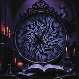 An intense book cover scene featuring a large, ornate clock with swirling, hypnotic patterns on its face, drawing the viewer's gaze into its depths