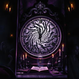 An intense book cover scene featuring a large, ornate clock with swirling, hypnotic patterns on its face, drawing the viewer's gaze into its depths