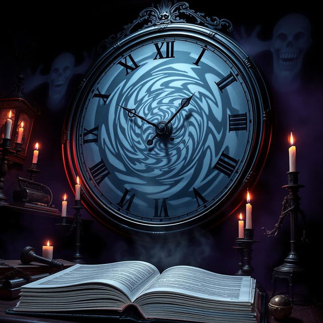 An intense book cover scene featuring a large, ornate clock with swirling, hypnotic patterns on its face, drawing the viewer's gaze into its depths