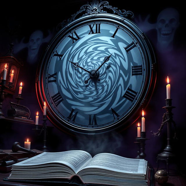 An intense book cover scene featuring a large, ornate clock with swirling, hypnotic patterns on its face, drawing the viewer's gaze into its depths