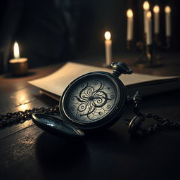 A gripping book cover scene featuring an intricately designed pocket watch lying on a worn, dark wooden table