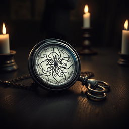 A gripping book cover scene featuring an intricately designed pocket watch lying on a worn, dark wooden table