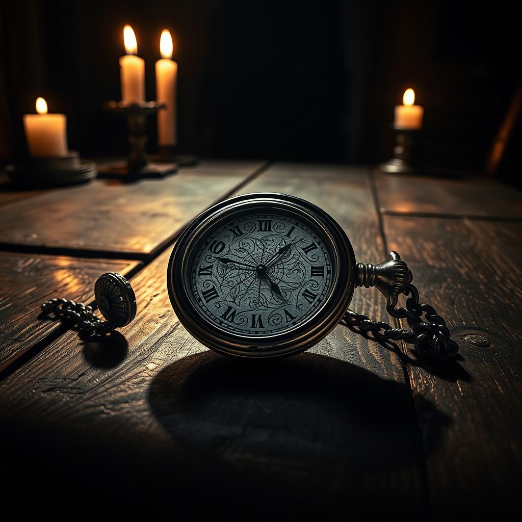 A gripping book cover scene featuring an intricately designed pocket watch lying on a worn, dark wooden table