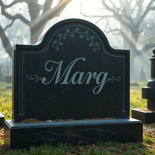 A detailed tombstone made of dark granite, slightly weathered with intricate carvings around the edges