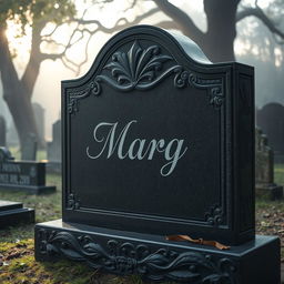 A detailed tombstone made of dark granite, slightly weathered with intricate carvings around the edges
