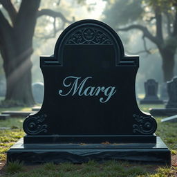A detailed tombstone made of dark granite, slightly weathered with intricate carvings around the edges