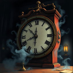 An illustrated book cover for an intense thriller featuring a large, vintage clock with a distressed face and ornate details, depicting signs of decay