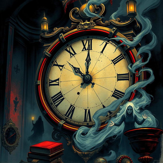 An illustrated book cover for an intense thriller featuring a large, vintage clock with a distressed face and ornate details, depicting signs of decay