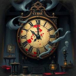 An illustrated book cover for an intense thriller featuring a large, vintage clock with a distressed face and ornate details, depicting signs of decay