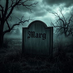 A somber and eerie scene featuring an old, weathered tombstone engraved with the name 'Marg'