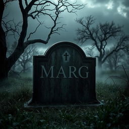 A somber and eerie scene featuring an old, weathered tombstone engraved with the name 'Marg'